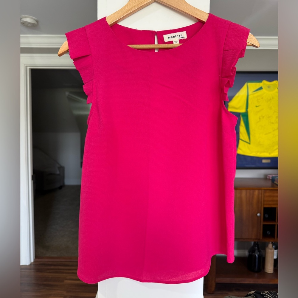 Monteau Vibrant Pink Ruffle Shoulder blouse